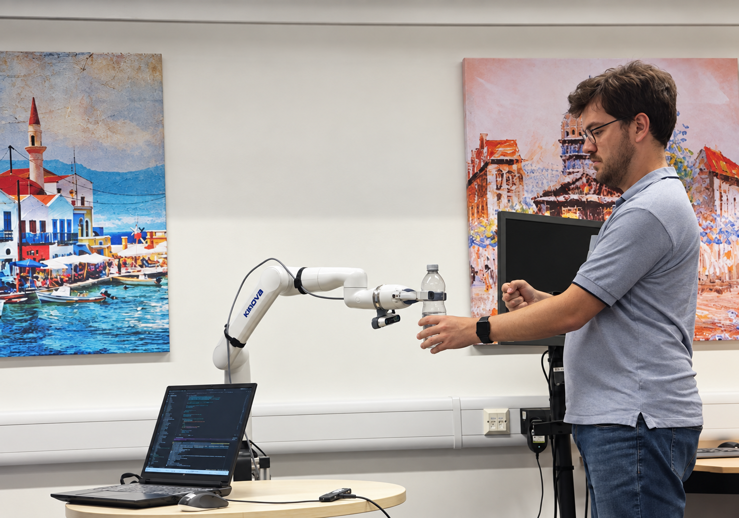 Lucas Fonseca standing beside a Kinova robotic arm during a bottle-handling demonstration.